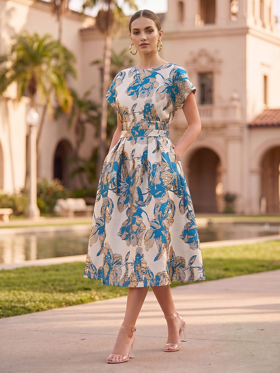 A-Line/Princess Jacquard Scoop Neck Tea-Length Cocktail Dresses