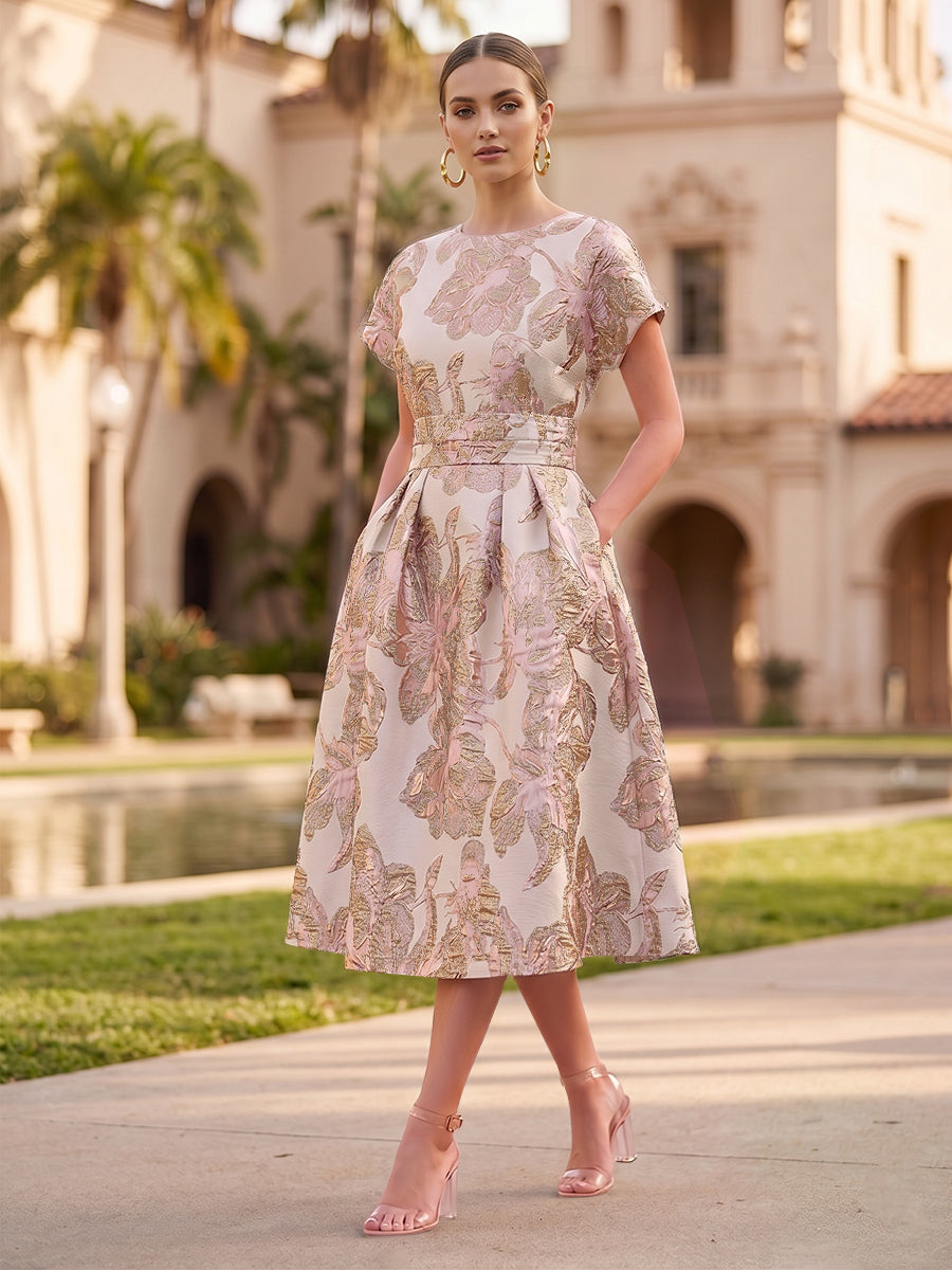 A-Line/Princess Jacquard Scoop Neck Tea-Length Cocktail Dresses