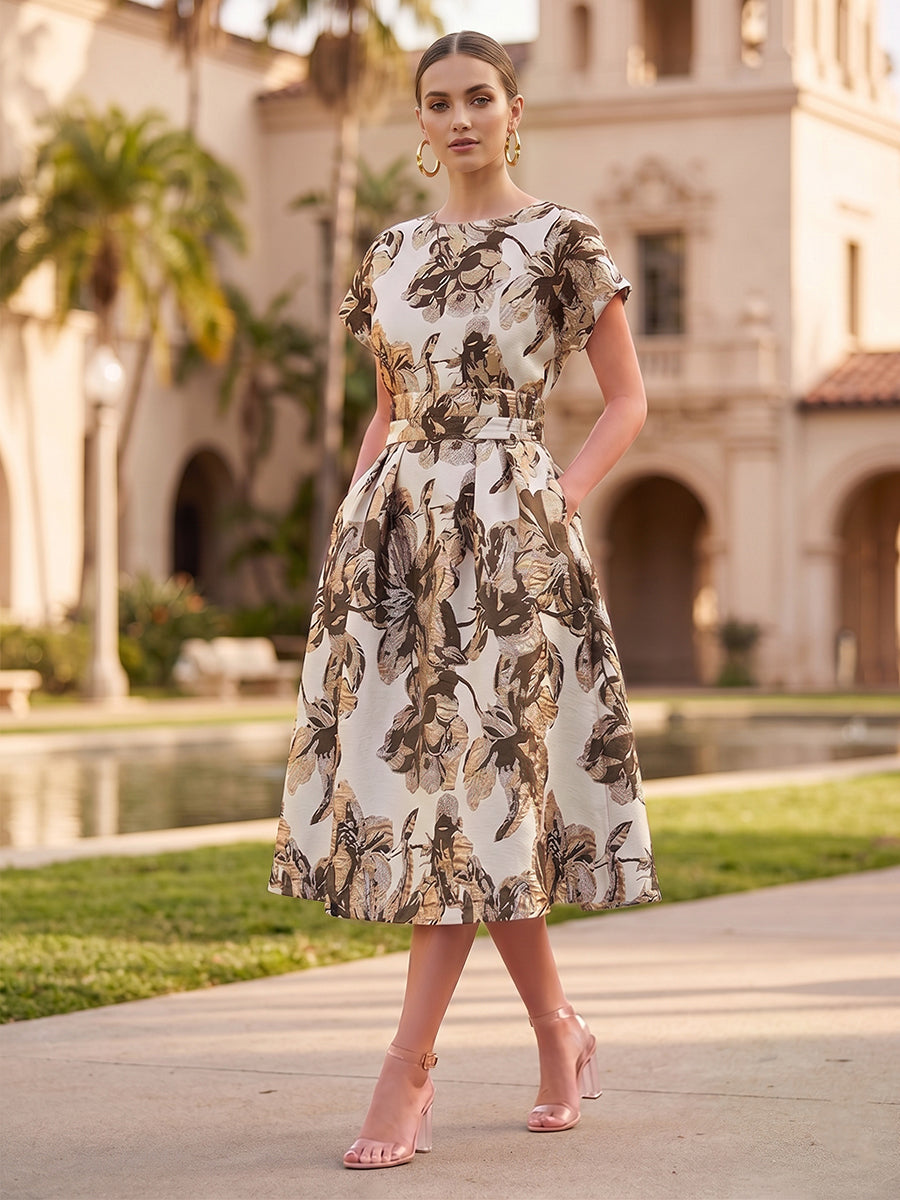 A-Line/Princess Jacquard Scoop Neck Tea-Length Cocktail Dresses