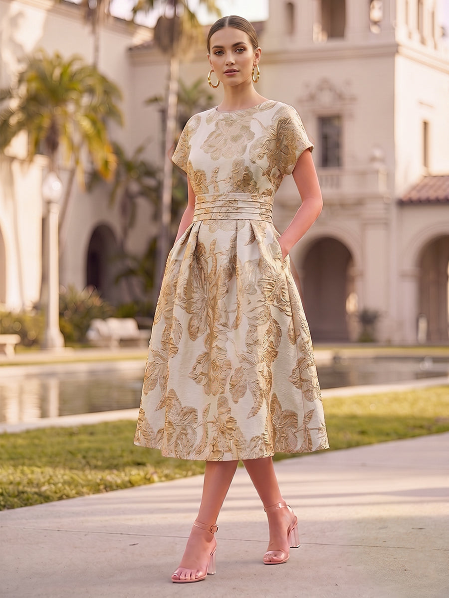 A-Line/Princess Jacquard Scoop Neck Tea-Length Cocktail Dresses