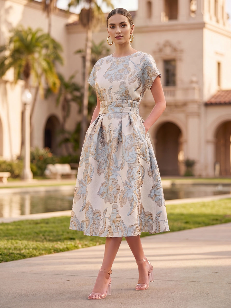 A-Line/Princess Jacquard Scoop Neck Tea-Length Cocktail Dresses