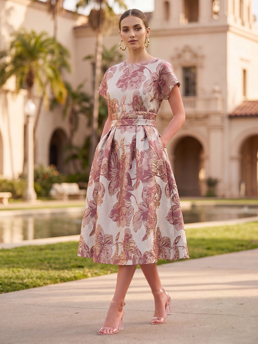 A-Line/Princess Jacquard Scoop Neck Tea-Length Cocktail Dresses