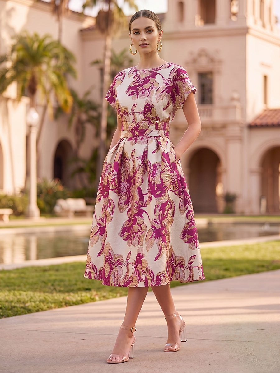 A-Line/Princess Jacquard Scoop Neck Tea-Length Cocktail Dresses