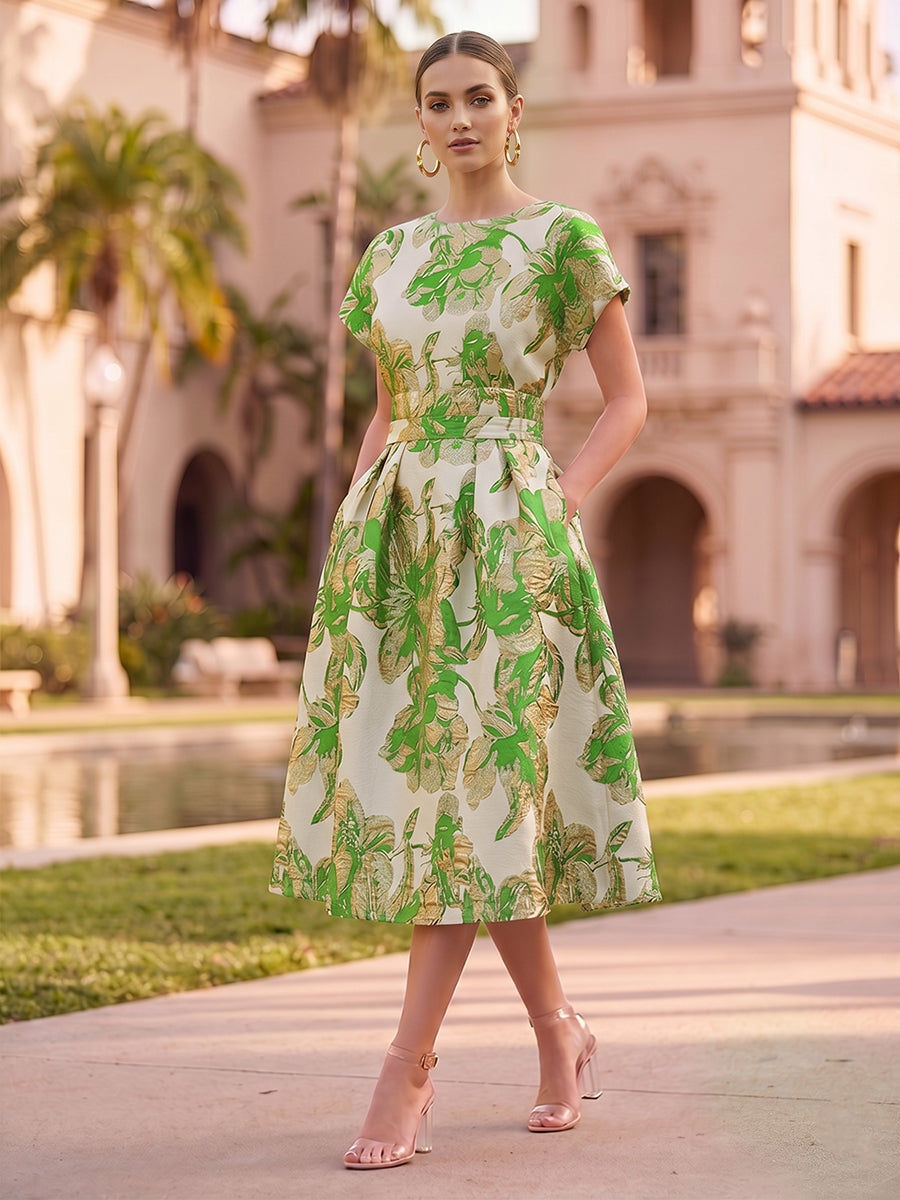 A-Line/Princess Jacquard Scoop Neck Tea-Length Cocktail Dresses