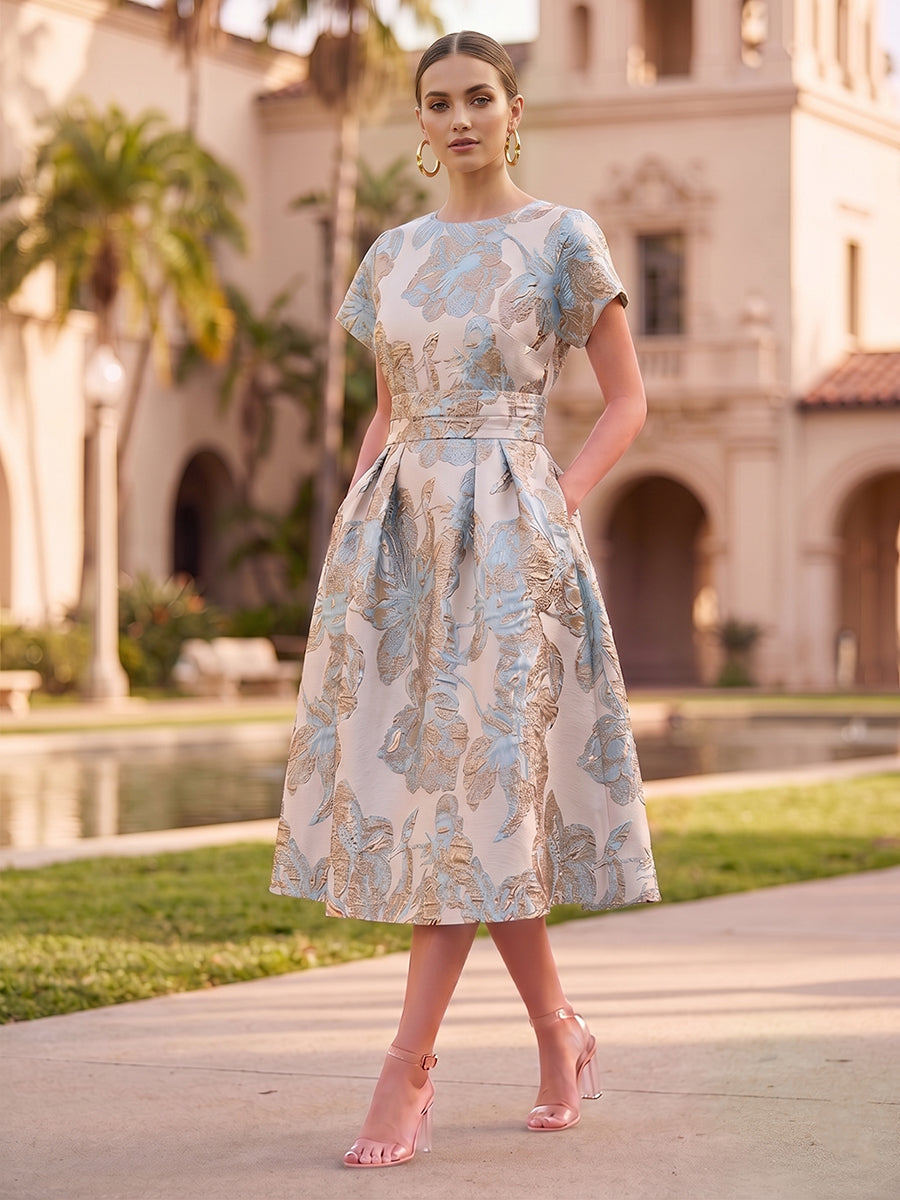 A-Line/Princess Jacquard Scoop Neck Tea-Length Cocktail Dresses