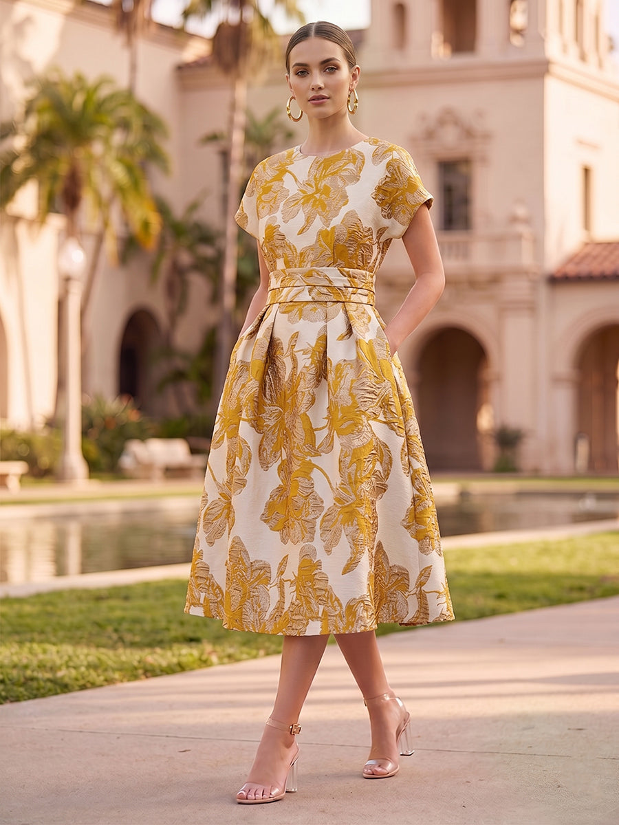 A-Line/Princess Jacquard Scoop Neck Tea-Length Cocktail Dresses