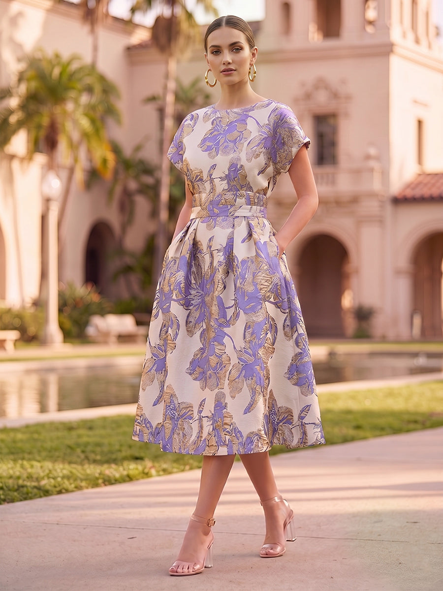 A-Line/Princess Jacquard Scoop Neck Tea-Length Cocktail Dresses