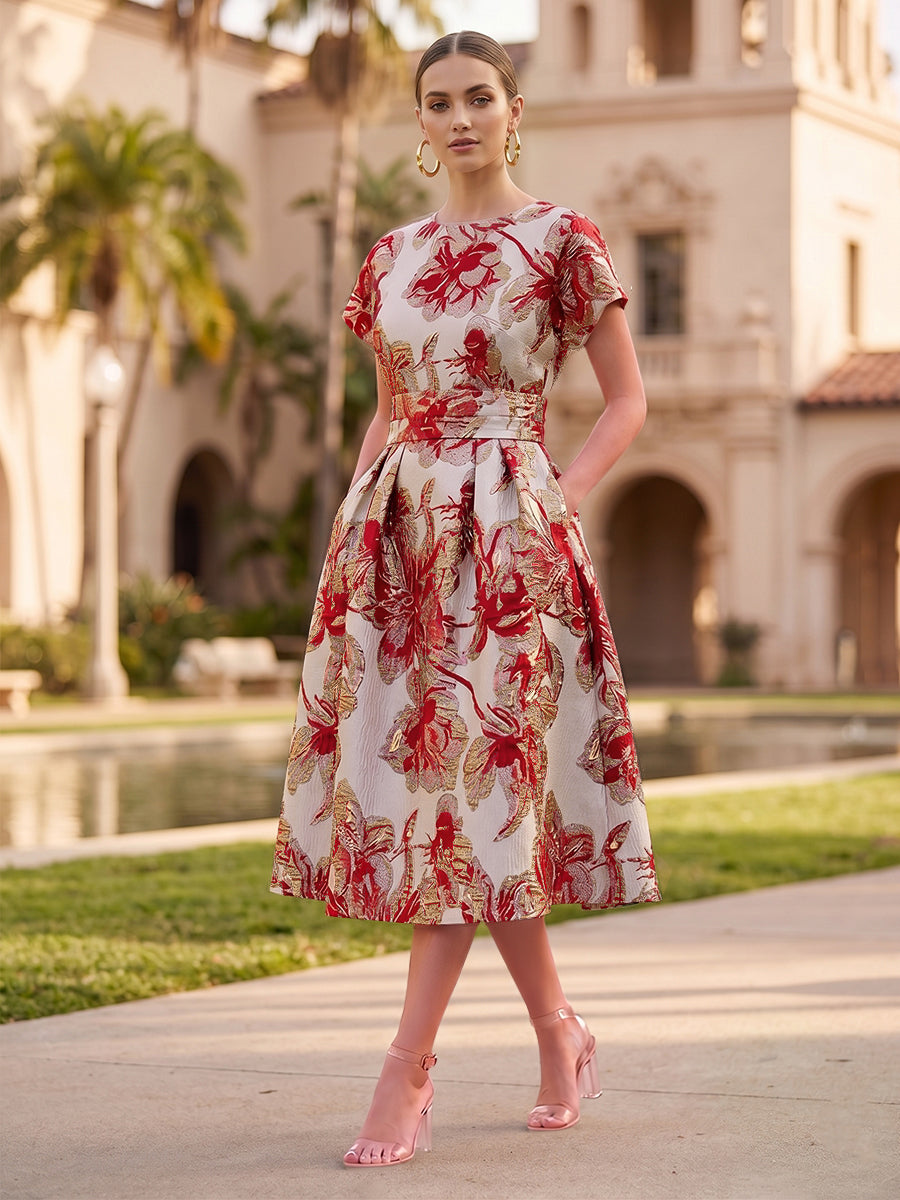 A-Line/Princess Jacquard Scoop Neck Tea-Length Cocktail Dresses