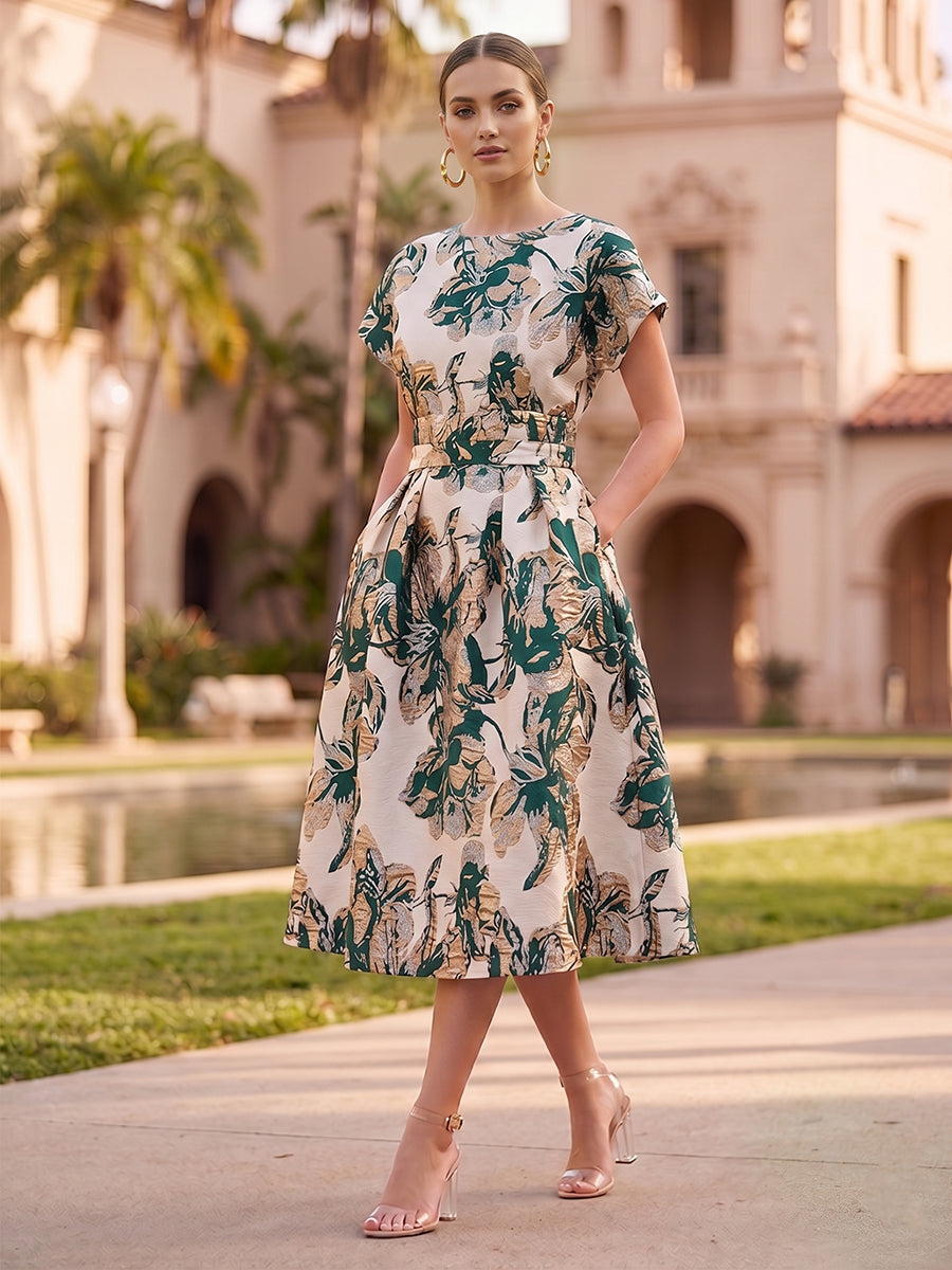 A-Line/Princess Jacquard Scoop Neck Tea-Length Cocktail Dresses