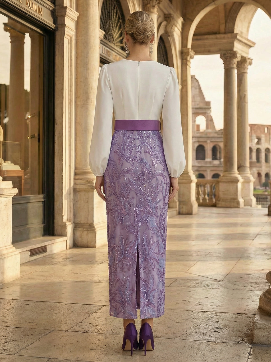 2 Piece Floral Sequin Sheath V-Neck Shirt Ruched Long Mother of the Bride Dresses with Belt