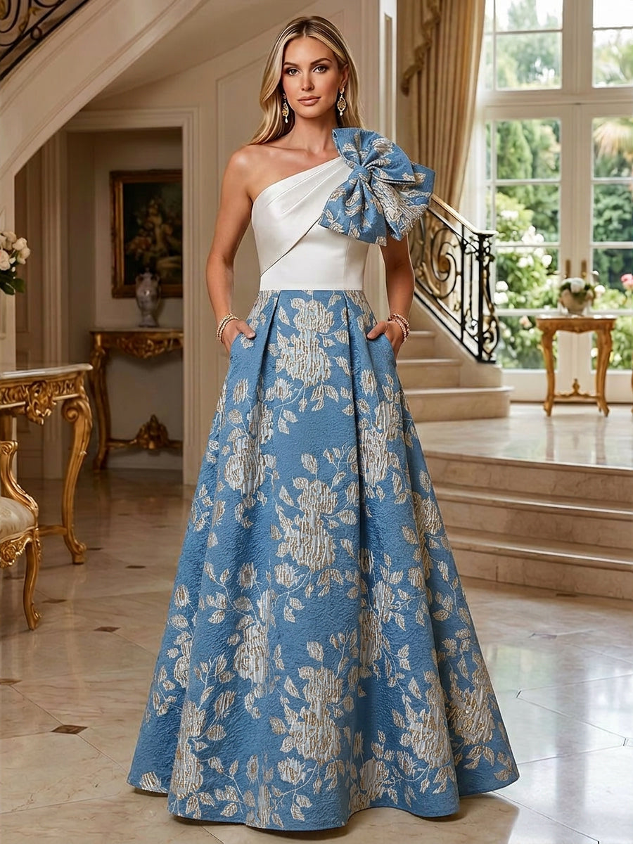 A-Line Floral Jacquard One Shoulder Mother of the Bride & Groom Dresses Floor-Length Evening Gowns with Bow