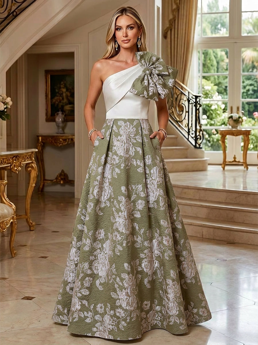 A-Line Floral Jacquard One Shoulder Mother of the Bride & Groom Dresses Floor-Length Evening Gowns with Bow