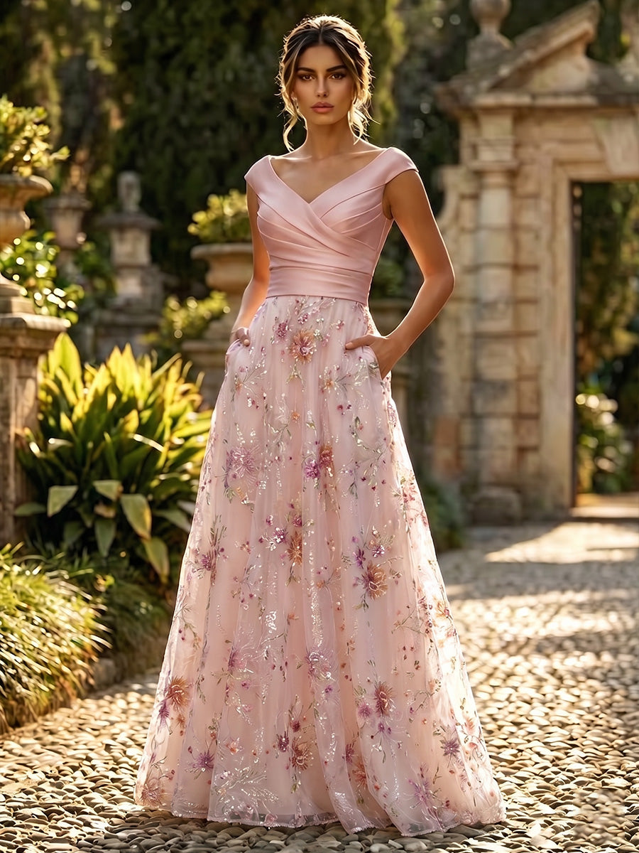 A-Line Floral Sequin Lace Floor-Length Mother of the Bride & Groom Dresses with Ruched Satin Bodice