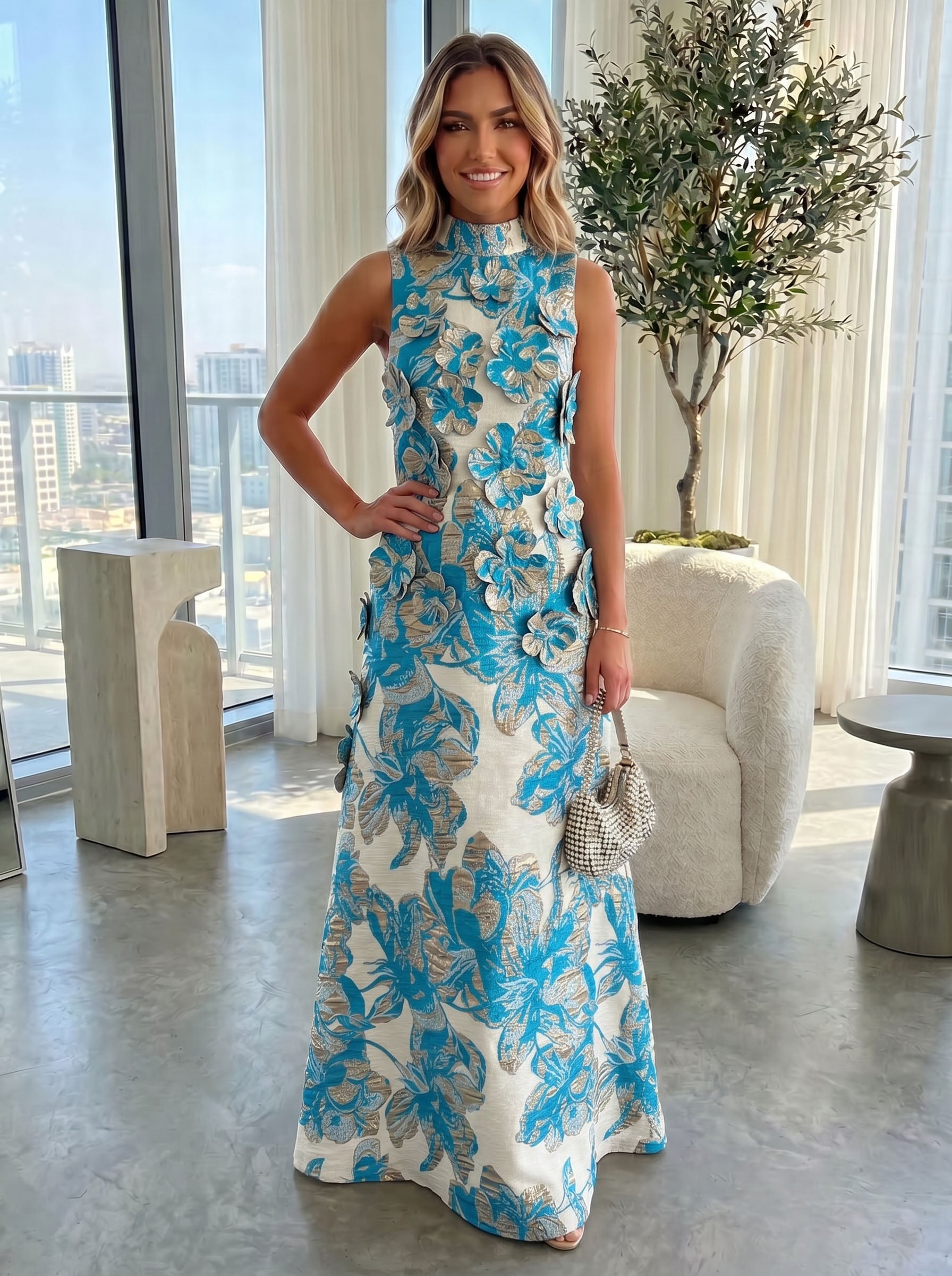 A-Line 3D Floral Appliques Jacquard High Neck Formal Dresses for Women