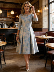 A-Line 3/4 Sleeve Round Neck Knee-Length Mother of the Bride Dresses with Jacquard
