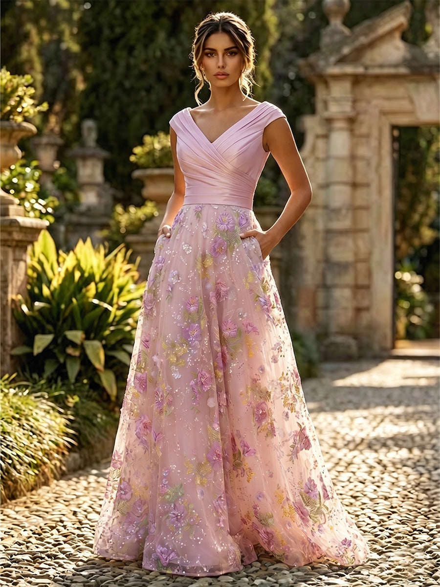 A-Line Floral Sequin Lace Floor-Length Mother of the Bride & Groom Dresses with Ruched Satin Bodice