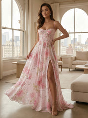A-Line Spaghetti Straps Chiffon Floral Print Maxi Formal Dresses with Slit