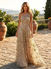 A-Line One Shoulder Floral Embroidered Lace Maxi Evening Dresses