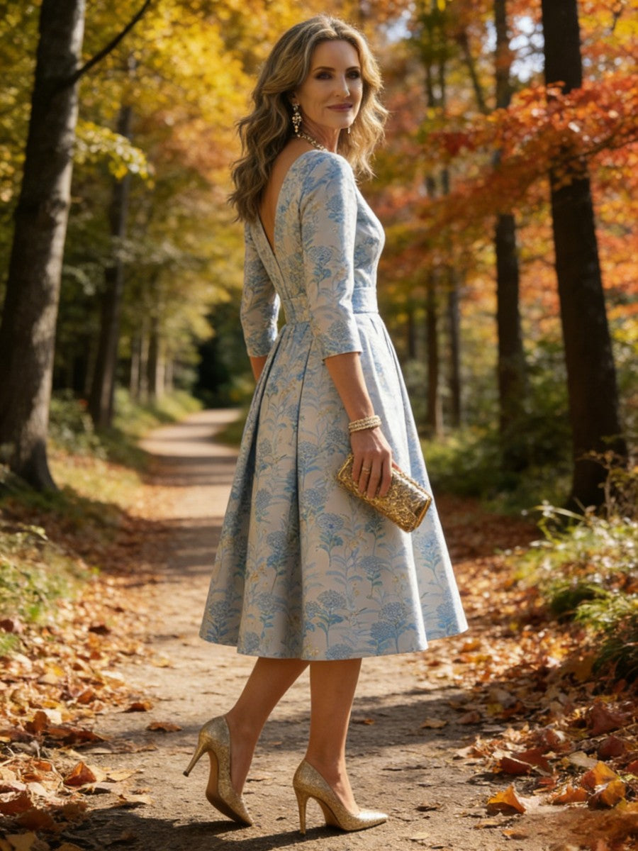 A-Line 3/4 Sleeve V-Neck Knee-Length Mother of the Bride Dresses with Jacquard