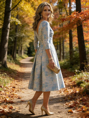 A-Line 3/4 Sleeve V-Neck Knee-Length Mother of the Bride Dresses with Jacquard