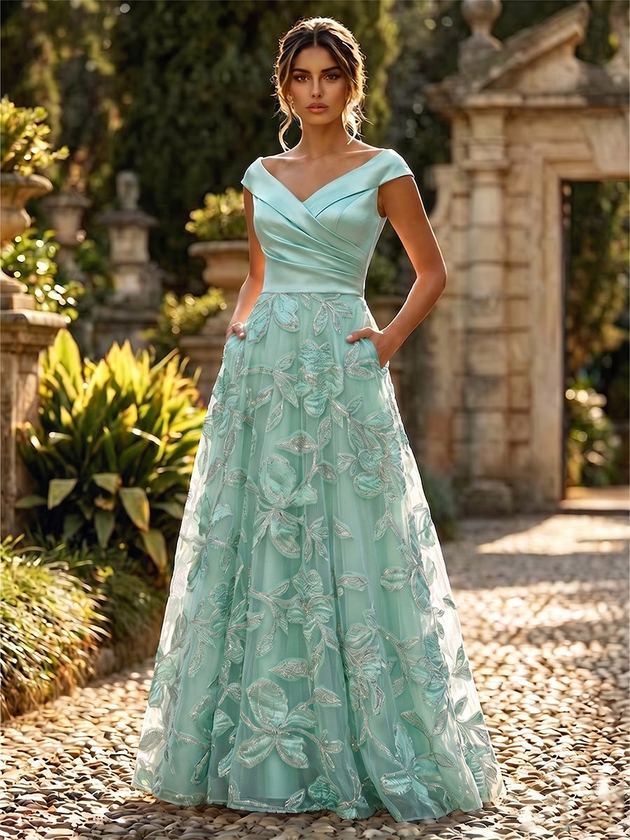 A-Line Floral Sequin Lace Floor-Length Mother of the Bride & Groom Dresses with Ruched Satin Bodice
