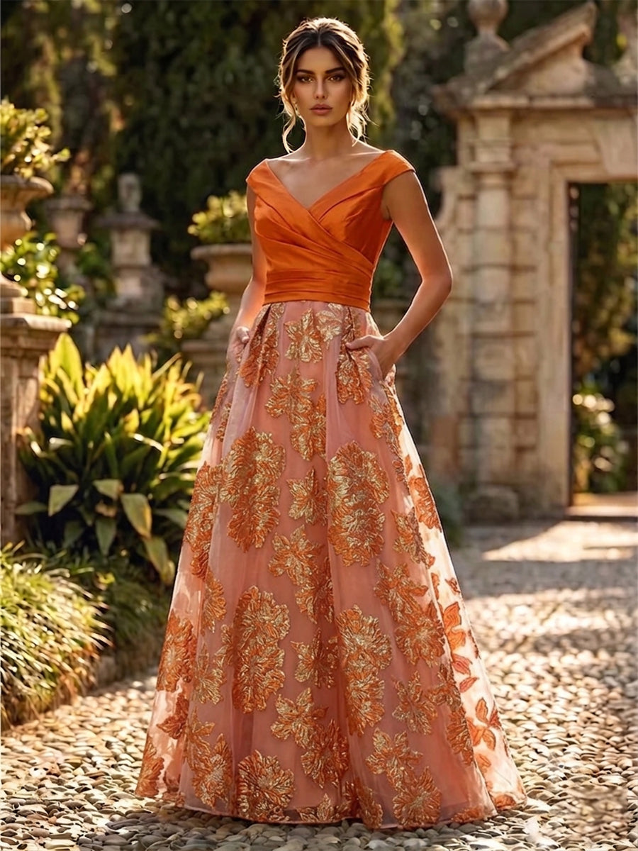 A-Line Floral Sequin Lace Floor-Length Mother of the Bride & Groom Dresses with Ruched Satin Bodice