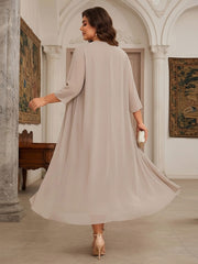 2 Pieces Chiffon Round Neck Lace Appliques Mother of the Bride Dresses with Cap