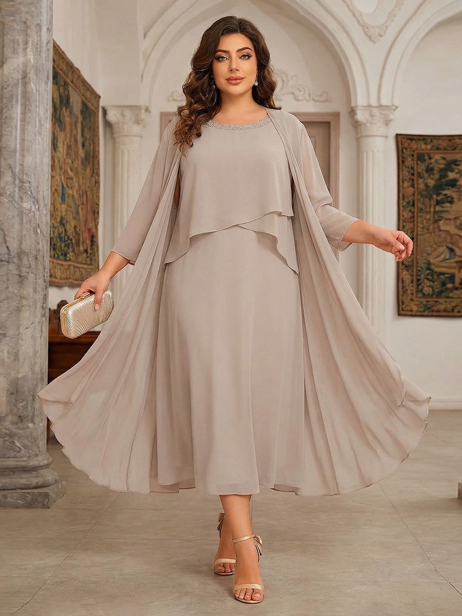 2 Pieces Chiffon Round Neck Lace Appliques Mother of the Bride Dresses with Cap