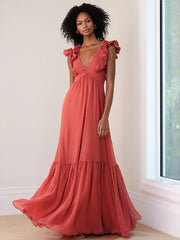 A Line Chiffon V Neck Ruffled Sleeveless Floor Length Formal Dresses
