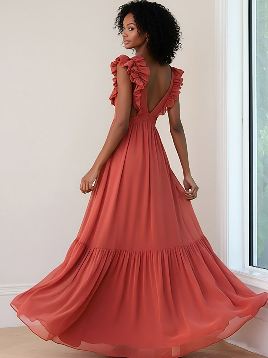 A Line Chiffon V Neck Ruffled Sleeveless Floor Length Formal Dresses