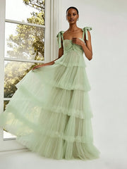 A Line Straps Romantic Long Tulle Formal Dresses with Tiered Ruffles
