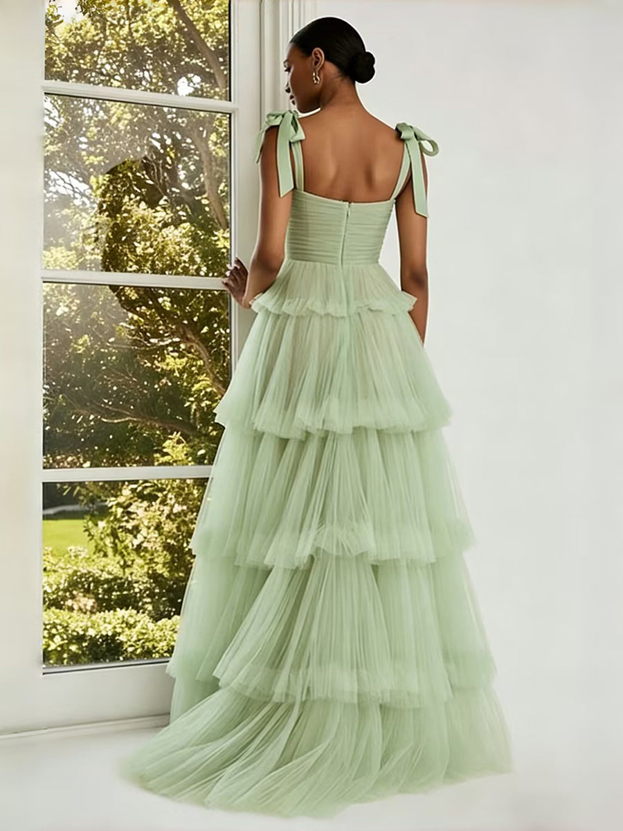 A Line Straps Romantic Long Tulle Formal Dresses with Tiered Ruffles