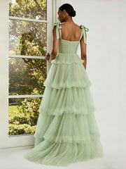 A Line Straps Romantic Long Tulle Formal Dresses with Tiered Ruffles