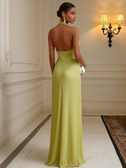 A Line Satin Halter Ruched Long Chic Formal Dresses with Pleats