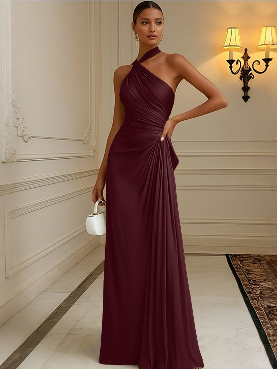 A Line Satin Halter Ruched Long Chic Formal Dresses with Pleats