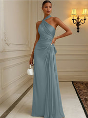 A Line Satin Halter Ruched Long Chic Formal Dresses with Pleats