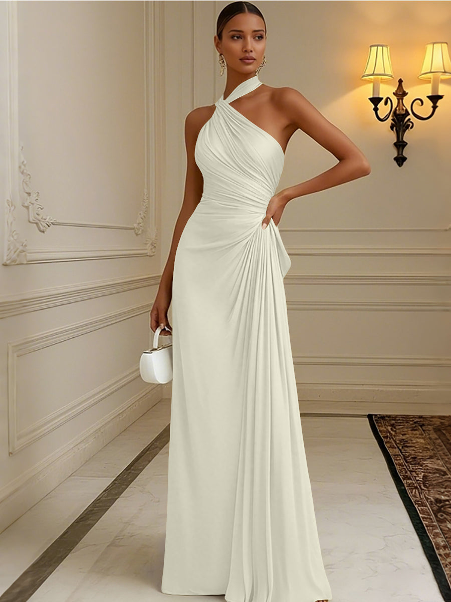 A Line Satin Halter Ruched Long Chic Formal Dresses with Pleats