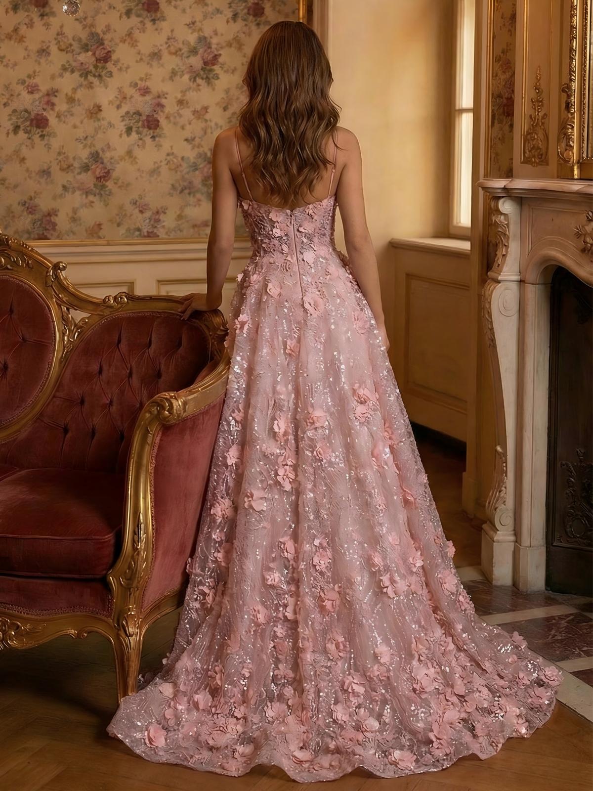 3D Flowers A Line Spaghetti Straps V Neck Sparkly Tulle Evening Dresses