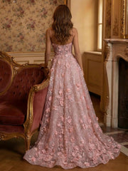 3D Flowers A Line Spaghetti Straps V Neck Sparkly Tulle Evening Dresses