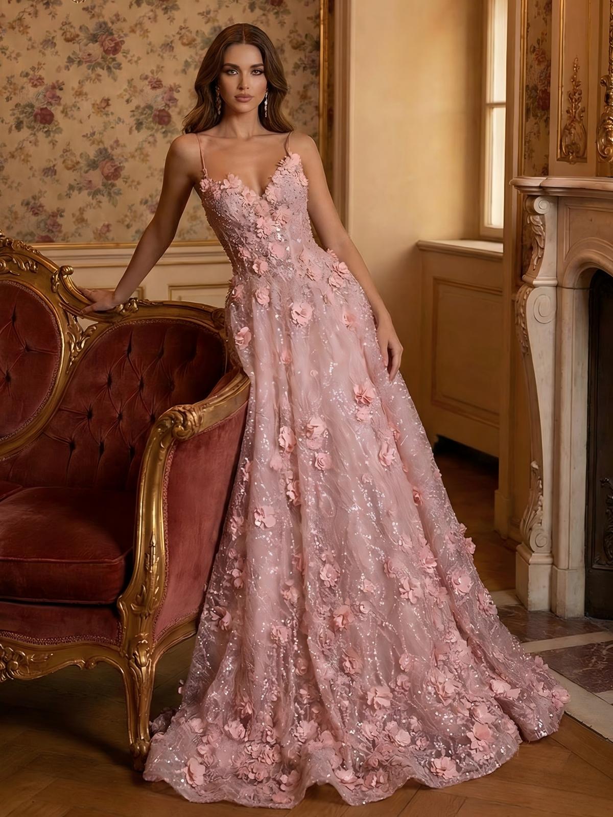 3D Flowers A Line Spaghetti Straps V Neck Sparkly Tulle Evening Dresses