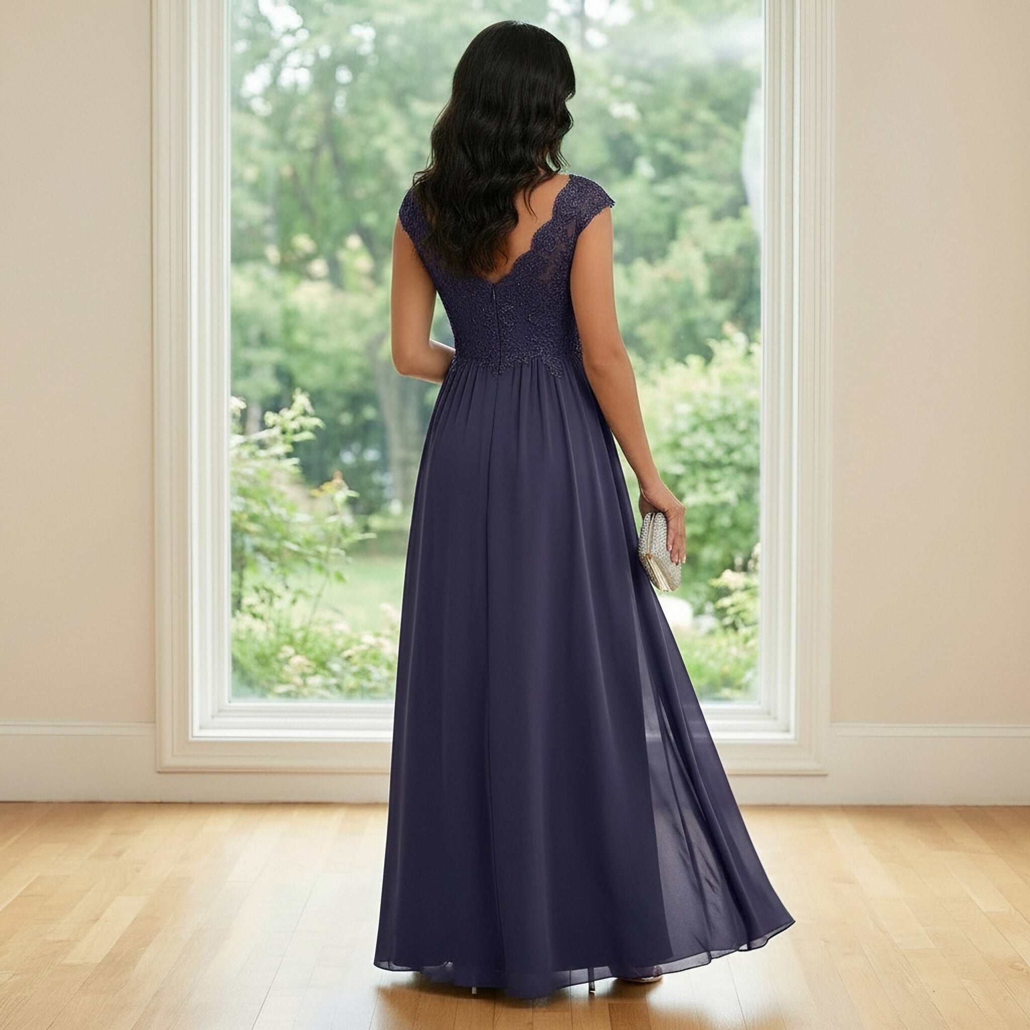 A Line Chiffon Lace Appliques V Neck Pleated Mother of the Bride Dresses with Slit