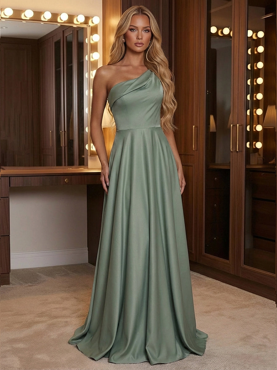 A Line One Shoulder Pleated Minimalist Bridesmaid Dresses with Pockets