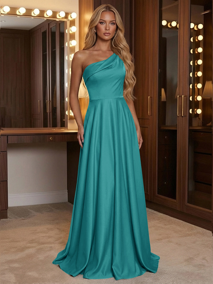 A Line One Shoulder Pleated Minimalist Bridesmaid Dresses with Pockets