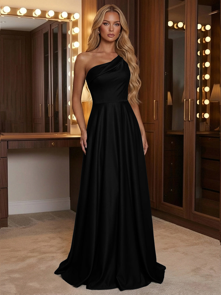 A Line One Shoulder Pleated Minimalist Bridesmaid Dresses with Pockets