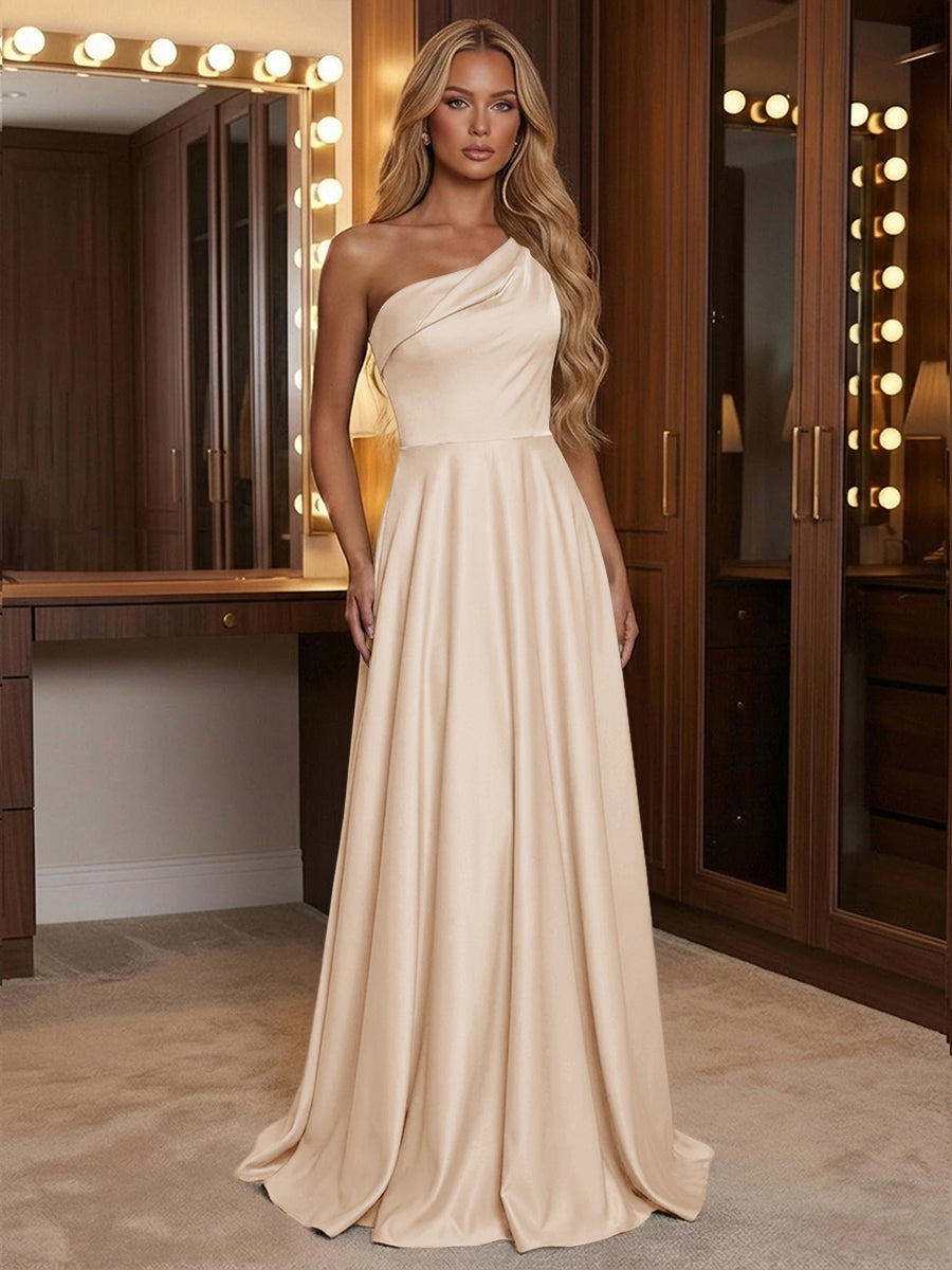 A Line One Shoulder Pleated Minimalist Bridesmaid Dresses with Pockets