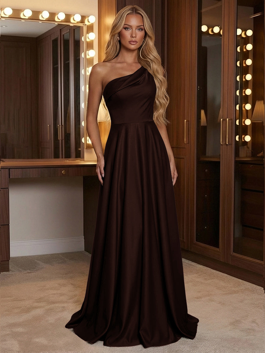 A Line One Shoulder Pleated Minimalist Bridesmaid Dresses with Pockets