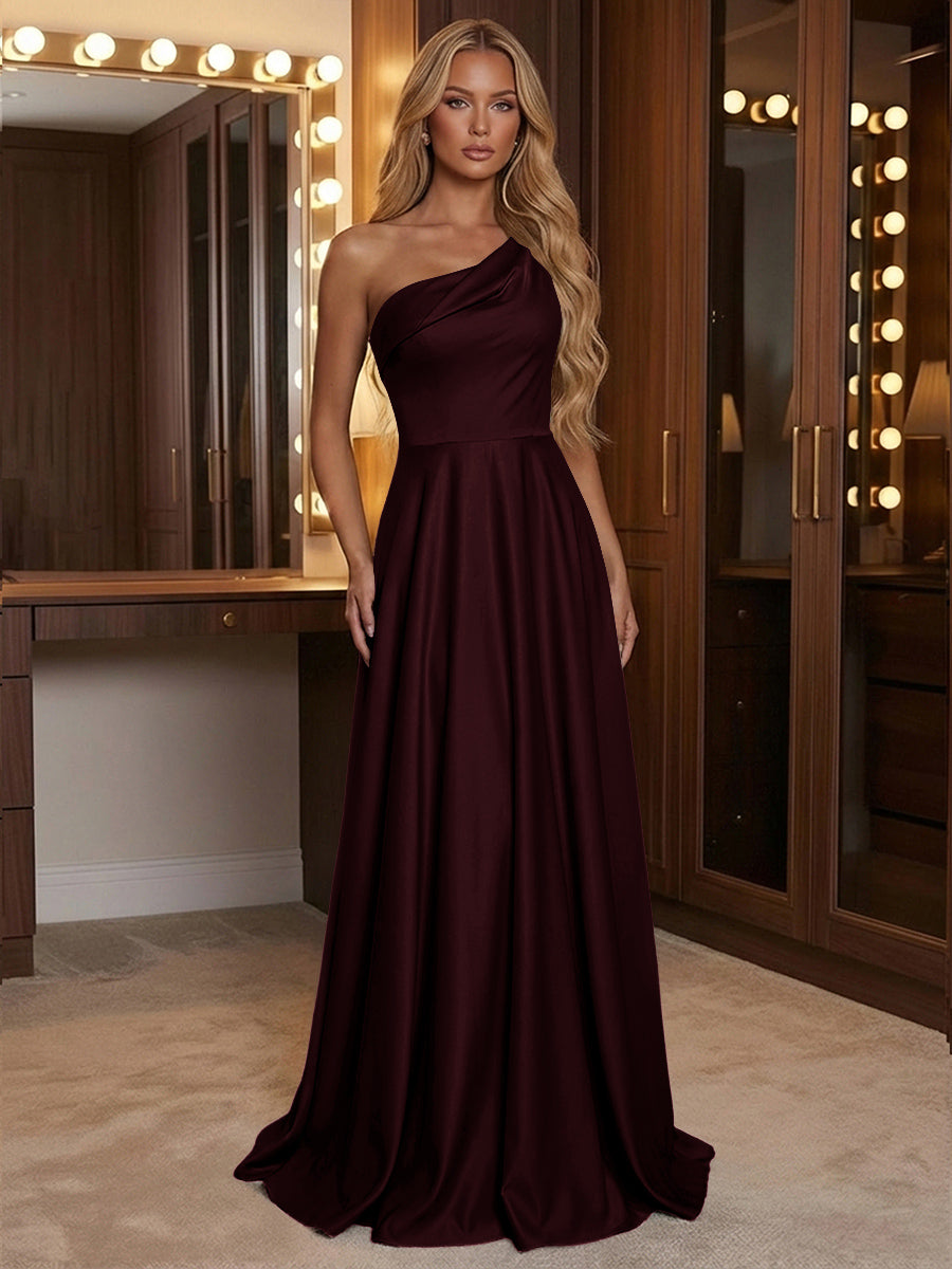 A Line One Shoulder Pleated Minimalist Bridesmaid Dresses with Pockets