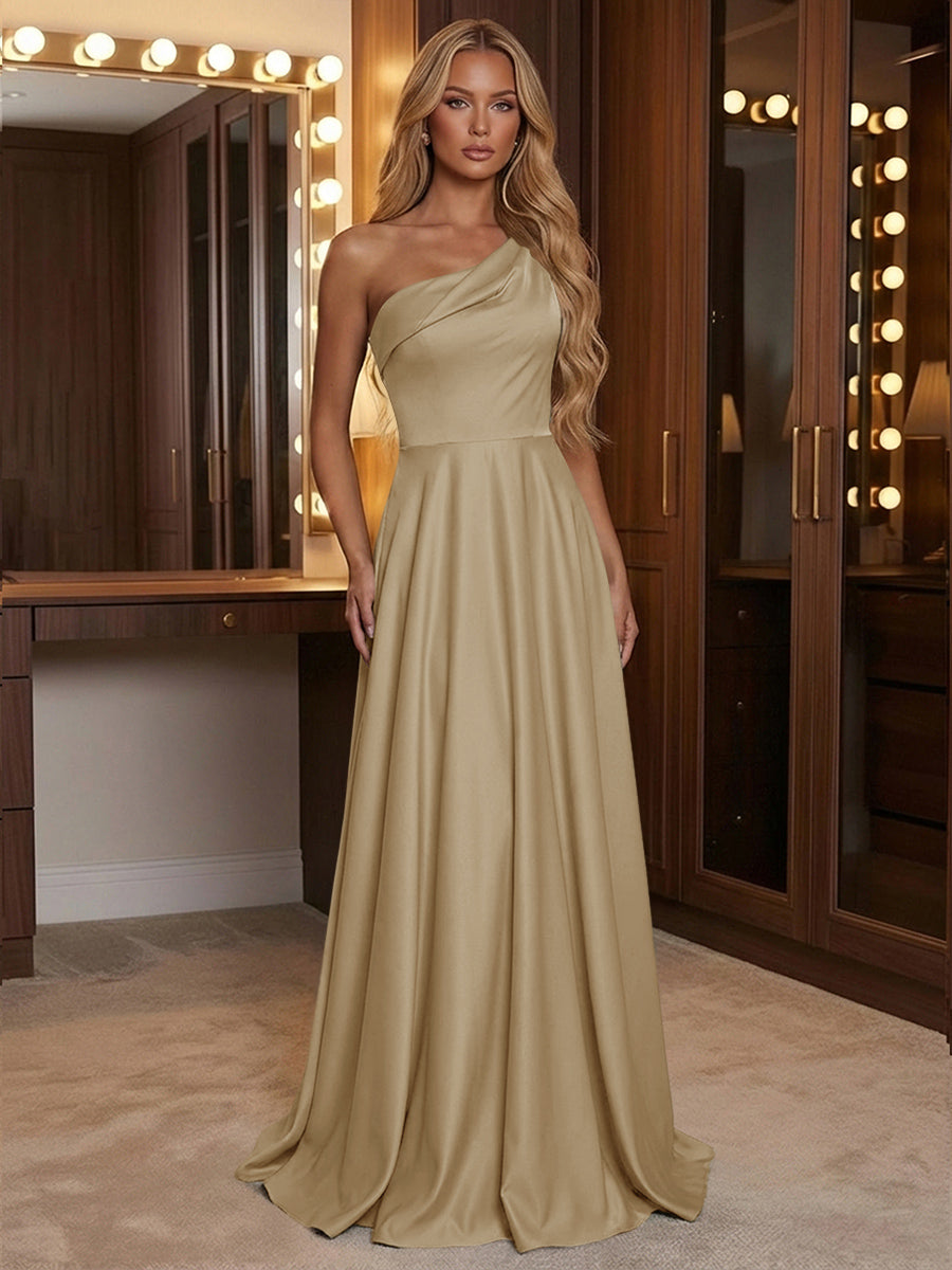 A Line One Shoulder Pleated Minimalist Bridesmaid Dresses with Pockets