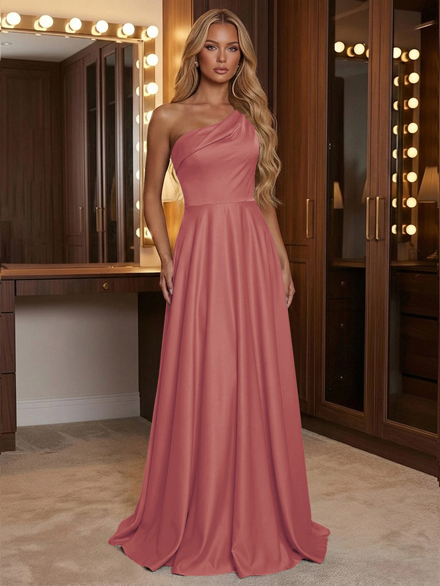 A Line One Shoulder Pleated Minimalist Bridesmaid Dresses with Pockets