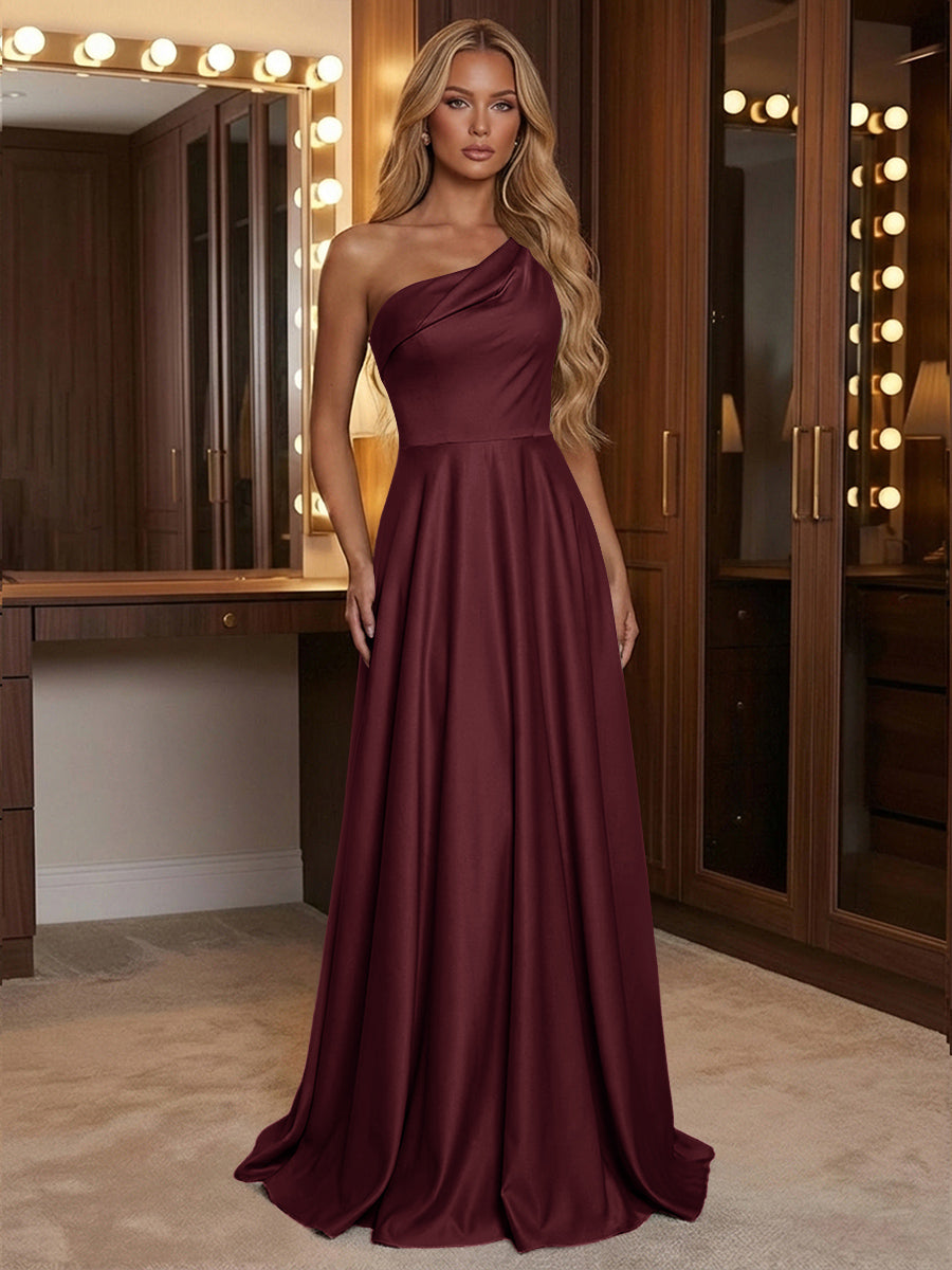 A Line One Shoulder Pleated Minimalist Bridesmaid Dresses with Pockets
